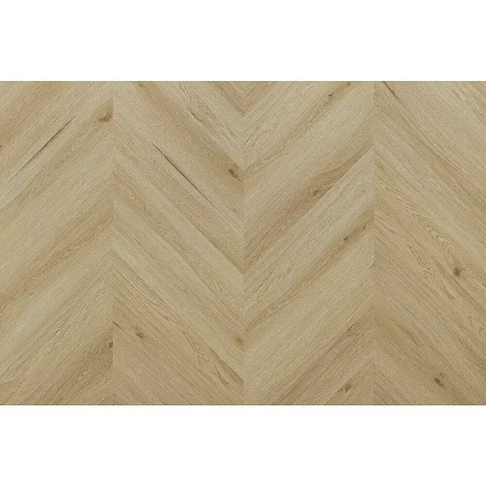 Vinylbodenmuster SPC Chevron - Arvada, 297 x 120 x 4,5 mm - Nahaufnahme eines hellen Holzfußbodens im Fischgrätmuster, der eine warme und natürliche Optik vermittelt. Ideal für moderne Innenräume.