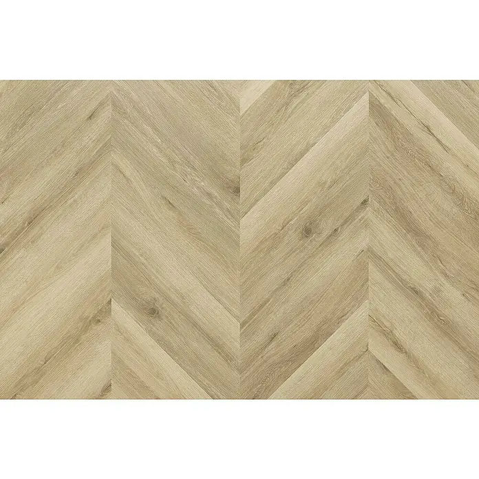 Vinylboden SPC Chevron - Tucson Eiche, 120 x 600 x 4,5 mm - Helles Fischgrätparkett mit natürlicher Holzmaserung, ideal für moderne Wohnräume und verleiht jedem Raum ein elegantes und stilvolles Ambiente.