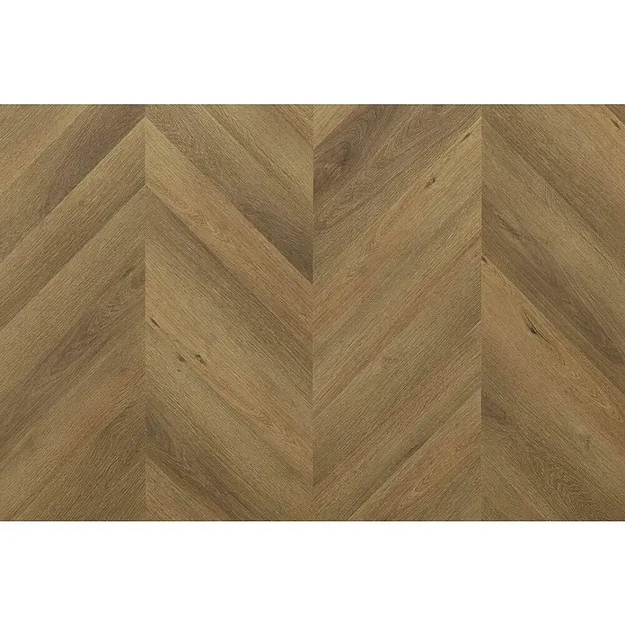Vinylboden SPC Chevron - Frisco Eiche, 120 x 600 x 4,5 mm - Bild eines braunen Holzfußbodens im Fischgrätmuster, das eine warme und natürliche Atmosphäre vermittelt. Die Maserung ist detailreich und betont die Qualität des Bodens.