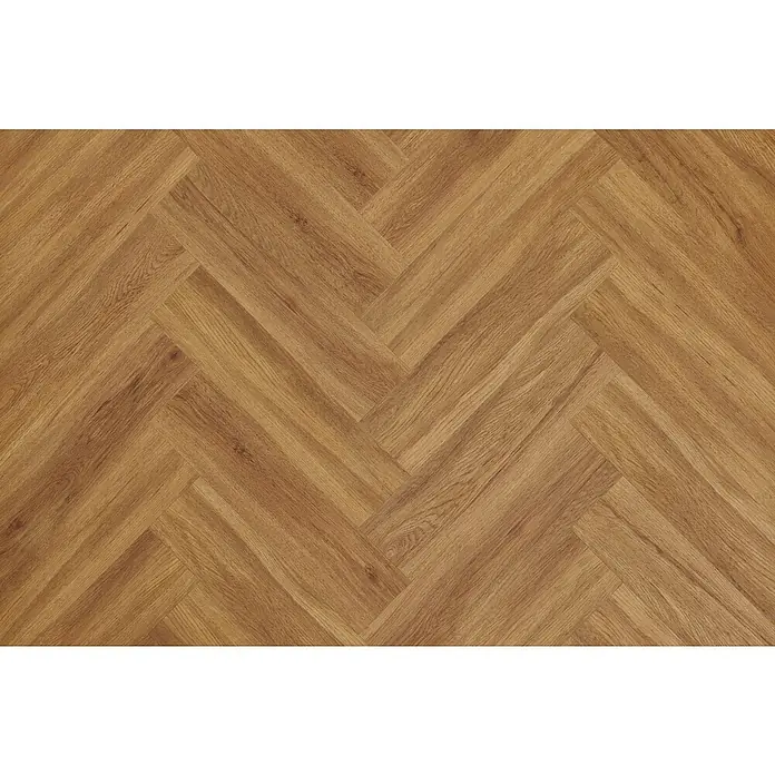 Vinylboden SPC Herringbone - Jersey Eiche, Fischgrät, 148 x 592 x 4,5 mm - Detailansicht eines hellbraunen Parkettbodens im Fischgrätmuster, der Wärme und Eleganz ausstrahlt. Perfekt für stilvolle Innenräume.