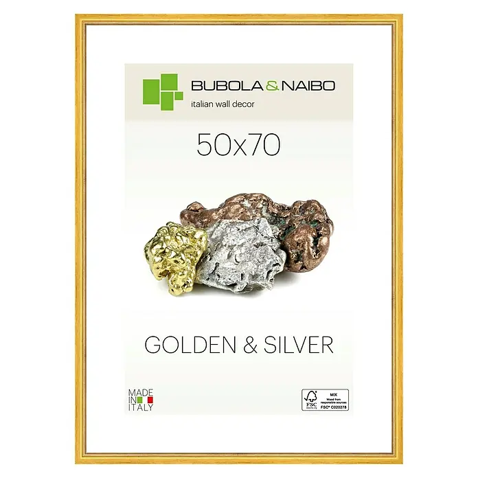 Bubola & Naibo Holzrahmen Marisa 6280 - 50 x 70 cm, Gold - Goldfarbener Bilderrahmen mit der Aufschrift "GOLDEN & SILVER", eine stilvolle Wanddekoration für Ihr Zuhause oder Büro, Größe 50x70.