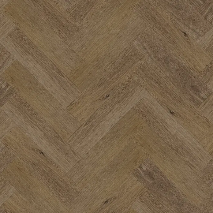 Vinylboden SPC Herringbone - Frisco Eiche, Fischgrät, 148 x 592 x 4,5 mm - Das Bild zeigt ein elegantes Fischgrätparkett in einem warmen Braunton, ideal für stilvolle Innenräume.