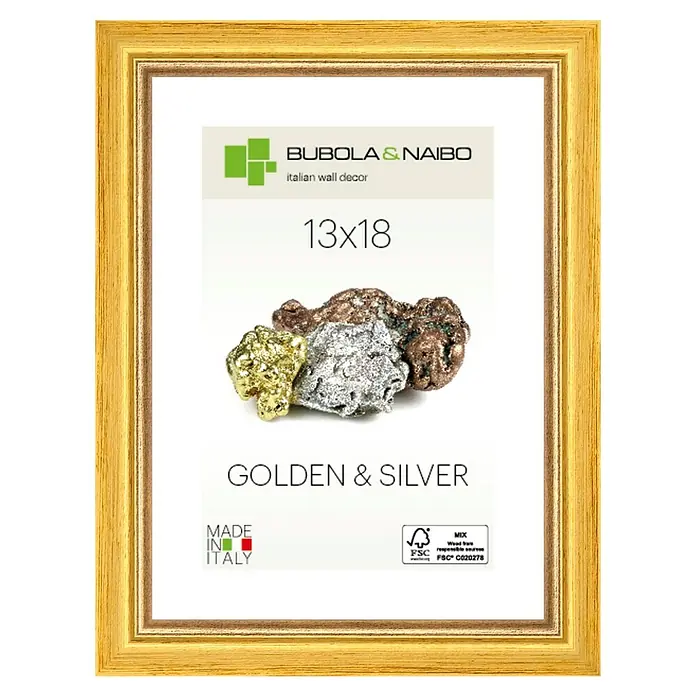 Bubola & Naibo Holzrahmen Marisa 6280 - 13 x 18 cm, Gold - Golden gerahmter Bilderrahmen von Bubola & Naibo mit der Aufschrift „Golden & Silver“ und dekorativen Elementen.