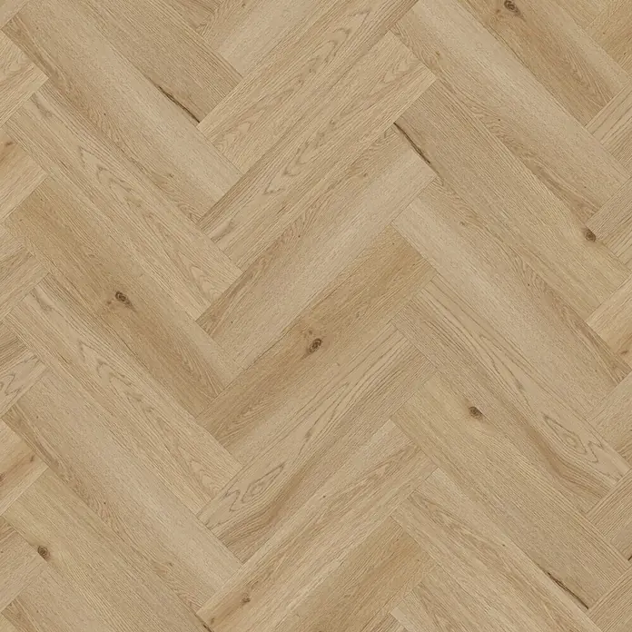 Vinylboden SPC Herringbone - Arvada Eiche, Fischgrät, 148 x 592 x 4,5 mm - Bild von einem eleganten Eichenparkettboden im Fischgrätmuster, der eine warme und natürliche Atmosphäre für jeden Raum schafft.