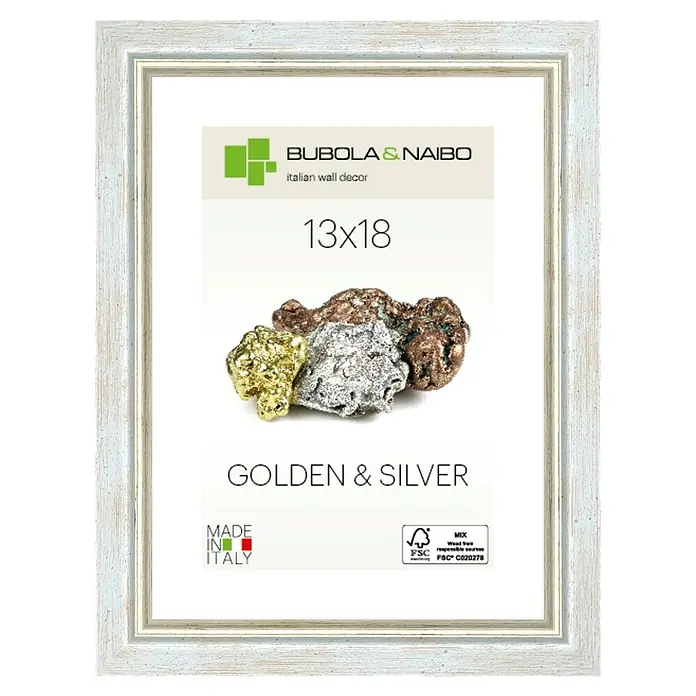 Bubola & Naibo Holzrahmen Marisa 6280 - 13 x 18 cm, Silber - Ein weißer Bilderrahmen von BUBOLA & NAIBO mit dem Aufdruck "Golden & Silver" und den Größenangaben 13x18 für eine stilvolle Wanddekoration.