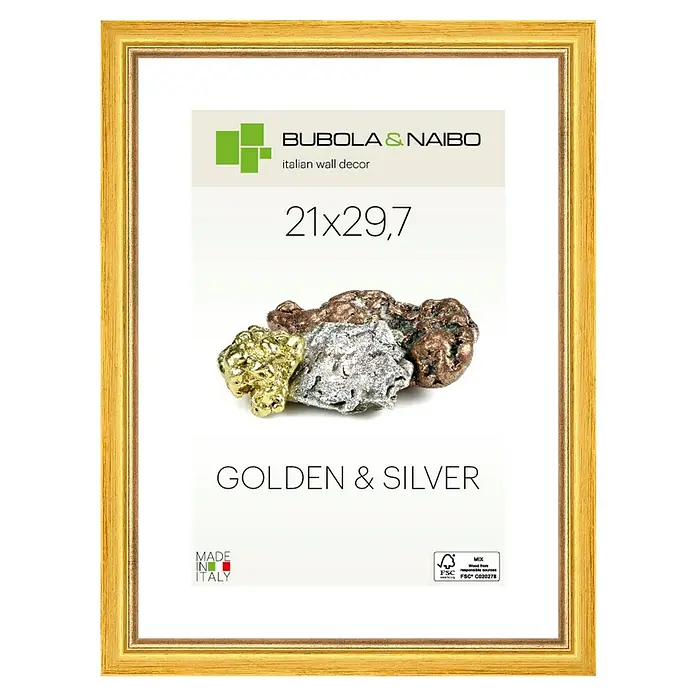 Bubola & Naibo Holzrahmen Marisa 6280 - DIN A4 / 21 x 29,7 cm, Gold - Ein goldener Bilderrahmen mit der Aufschrift "Golden & Silver 21x29,7" und der Marke Bubola & Naibo, perfekt für stilvolle Wanddekoration.