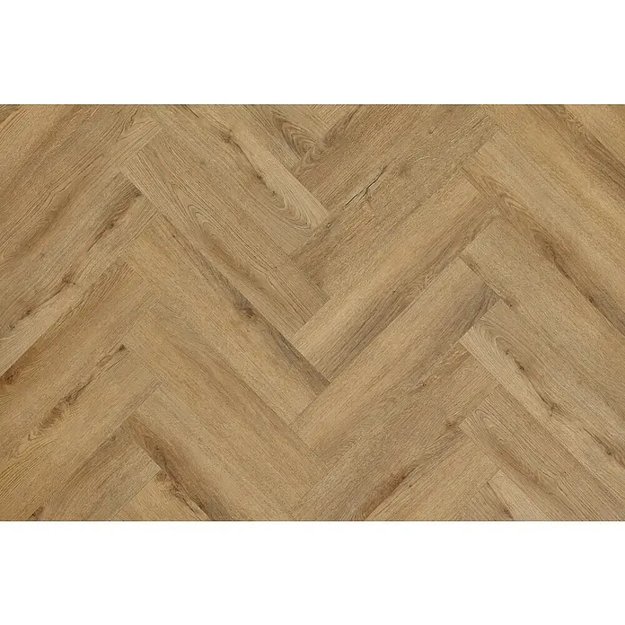 Vinylboden SPC Herringbone - Garda Eiche, Fischgrät, 148 x 592 x 4,5 mm - Nahaufnahme eines hellen, in Fischgrätmuster verlegten Laminatbodens, der ein warmes und einladendes Ambiente erzeugt.