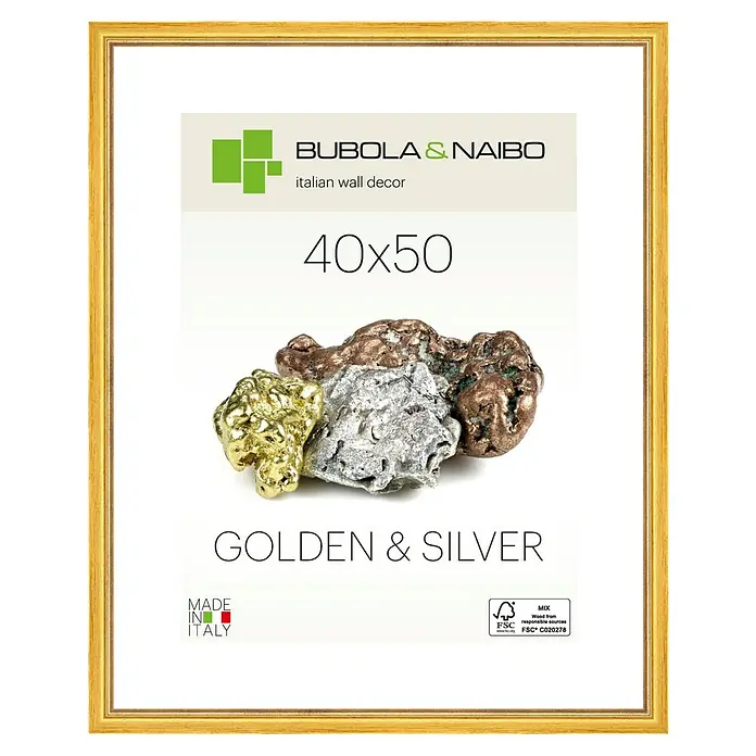 Bubola & Naibo Holzrahmen Marisa 6280 - 40 x 50 cm, Gold - Nahaufnahme eines gerahmten Bubola & Naibo Wanddekorationsbildes, das goldene und silberne Akzente aufweist.
