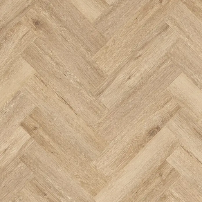 Vinylboden SPC Herringbone - Tucson Eiche, Fischgrät, 148 x 592 x 4,5 mm - Helle Holzbodenfliesen im Fischgrätenmuster. Die Fliesen erzeugen eine warme und natürliche Atmosphäre im Raum und bieten eine elegante Optik.