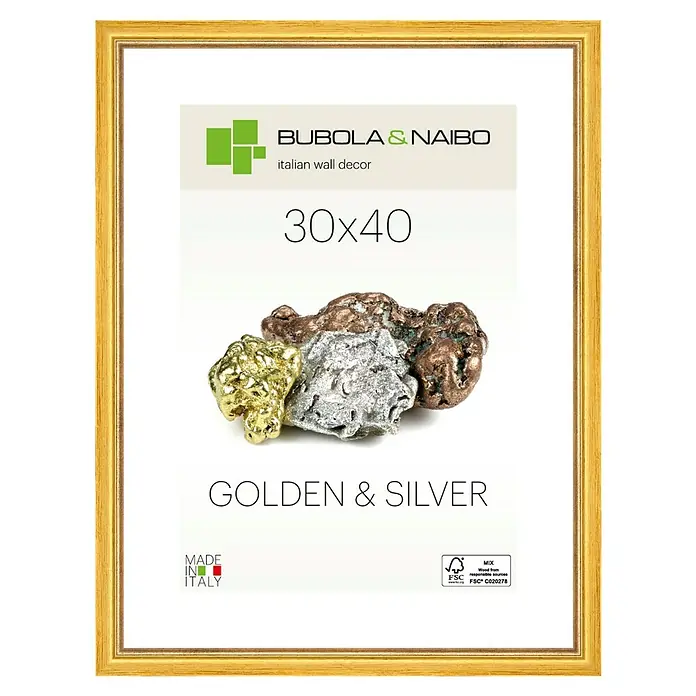Bubola & Naibo Holzrahmen Marisa 6280 - 30 x 40 cm, Gold - Ein goldener Bilderrahmen von Bubola & Naibo, der eine elegante Ergänzung für jede Wanddekoration darstellt. Perfekt für 30x40 cm Bilder.