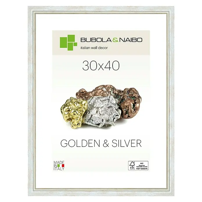 Bubola & Naibo Holzrahmen Marisa 6280 - 30 x 40 cm, Silber - 30x40 Wandbild „Golden & Silver“ von Bubola & Naibo mit weißem Rahmen, eine elegante Dekoration für Ihr Zuhause.