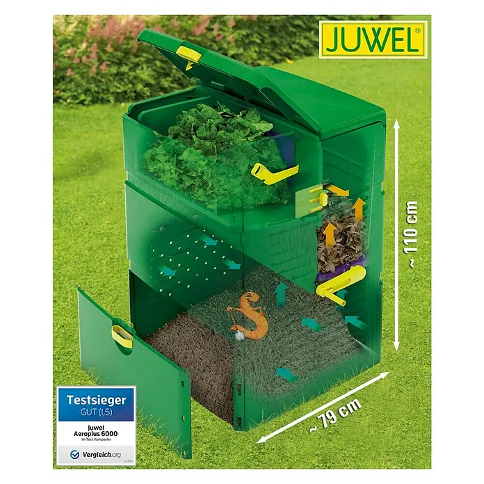Juwel Aeroplus Komposter 6000 - 600 l, 79 x 79 x 110 cm - Ein grüner Juwel Aeroplus 6000 Komposter mit sichtbaren Kompostierungsphasen und Größenangaben.