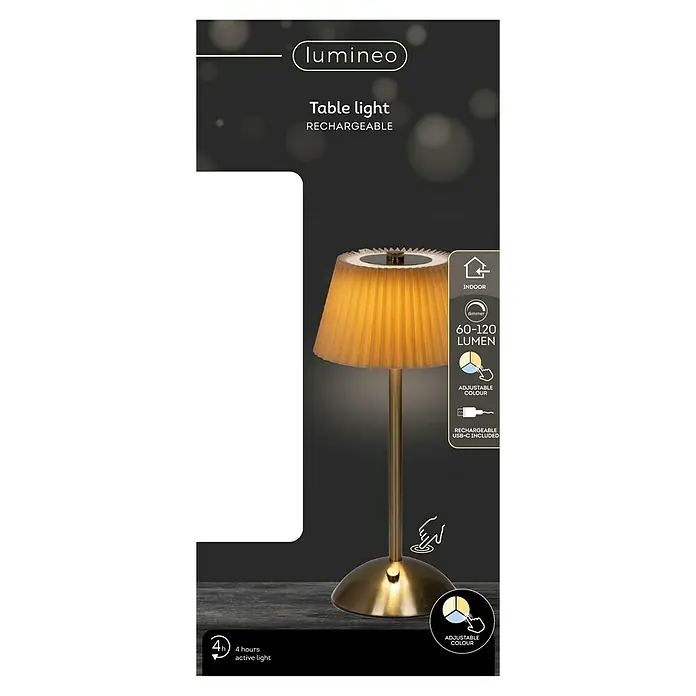 Lámpara de sobremesa LED redonda - 4 W, Ø x Al: 30,5 x 15 cm, Oro, Blanco cálido - Imagen del producto de una lámpara de mesa Lumineo, recargable con color ajustable, ideal para uso en interiores y cable USB-C incluido.
