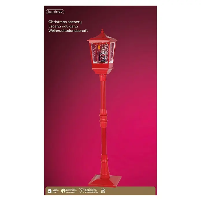 Farol LED navideño - L x An x Al: 26 cm x 26 mm x 135 cm, Rojo, Funcionamiento en red, LED - Escena navideña Lumineo roja con efecto de nevada y LED blancos cálidos para decoración festiva de interior.