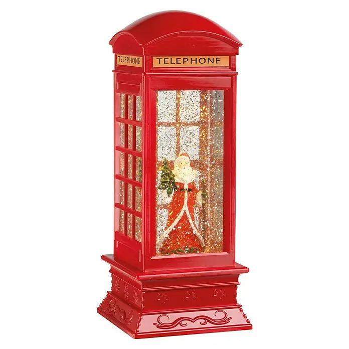 Figura LED navideña cabina Papa Noel - 11 x 11 x 27 cm, Rojo, Funciona con pilas, LED - Cabina telefónica roja con efecto bola de nieve y figura de Papá Noel, una decoración festiva para la temporada navideña.