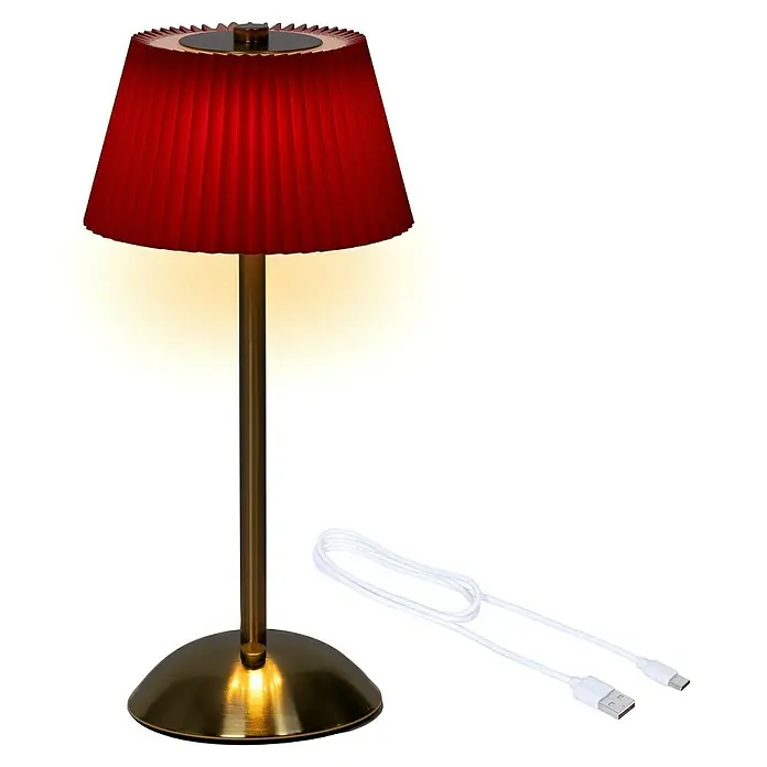 Lámpara de sobremesa LED redonda - 4 W, Ø x Al: 30,5 x 15 cm, Rojo, Blanco cálido - Elegante lámpara de mesa con pantalla roja y base dorada. Incluye cable USB para una carga fácil.