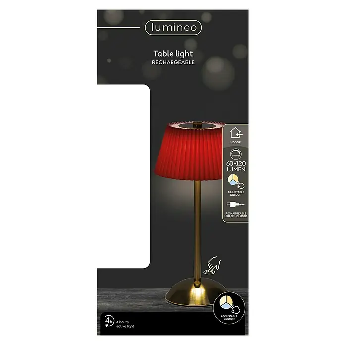 Lámpara de sobremesa LED redonda - 4 W, Ø x Al: 30,5 x 15 cm, Rojo, Blanco cálido - La imagen muestra una lámpara de mesa Lumineo con color ajustable y carga USB-C, perfecta para uso en interiores con 60-120 lúmenes.