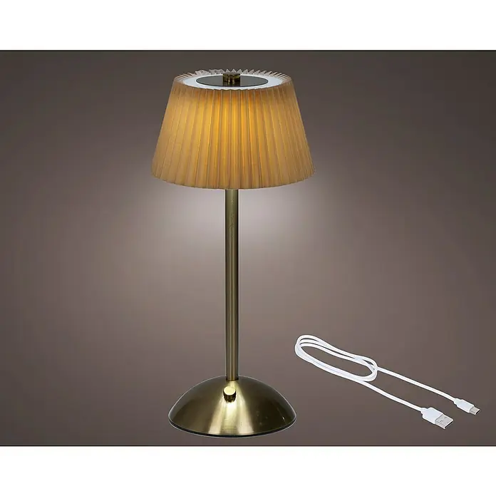Lámpara de sobremesa LED redonda - 4 W, Ø x Al: 30,5 x 15 cm, Oro, Blanco cálido - Lámpara de mesa con aspecto dorado y pantalla plisada, incluye cable USB, ideal para mesita de noche o cómoda elegante.