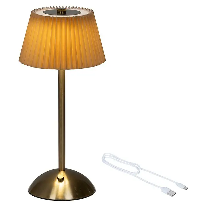 Lámpara de sobremesa LED redonda - 4 W, Ø x Al: 30,5 x 15 cm, Oro, Blanco cálido - Elegante lámpara de mesa con pantalla plisada y base de latón, incluyendo cable USB blanco. Iluminación con estilo para cualquier estancia.