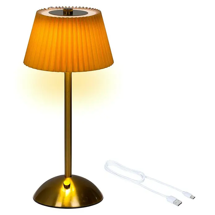 Lámpara de sobremesa LED redonda - 4 W, Ø x Al: 30,5 x 15 cm, Oro, Blanco cálido - Elegante lámpara de mesa dorada con pantalla plisada y cable USB. Perfecta para crear ambiente.