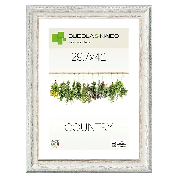 Holzrahmen Fabriano 5015 - DIN A3 / 29,7 x 42 cm, Altweiß, Glas - Ein weißer Bilderrahmen mit dem Aufdruck "Country" und Kräutermotiven, ideal für die Wanddekoration.