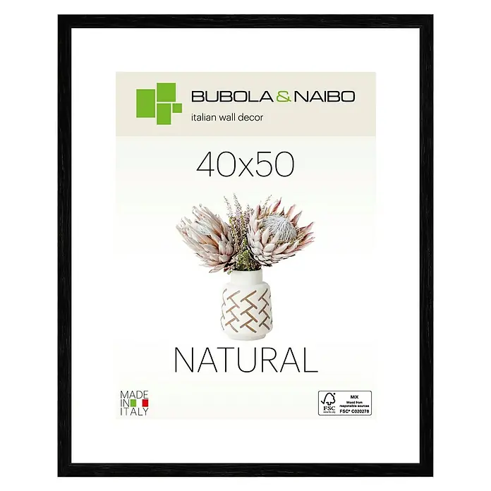Bubola & Naibo Holzrahmen Tulipa 6340 - 40 x 50 cm, Schwarz - Schwarzer Bilderrahmen mit dem Aufdruck "BUBOLA & NAIBO", ideal für die stilvolle Wanddekoration.