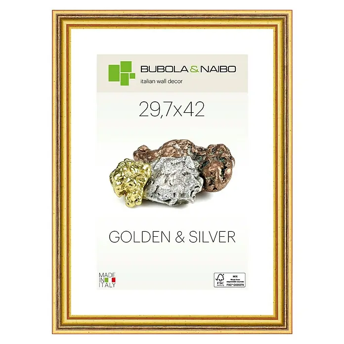 Bubola & Naibo Holzrahmen 2490 - DIN A3 / 29,7 x 42 cm, Gold - Gerahmtes "Bubola & Naibo" Wandbild mit Gold- und Silbermotiven, Größe 29,7x42 cm, ideal für stilvolle Wanddekoration.