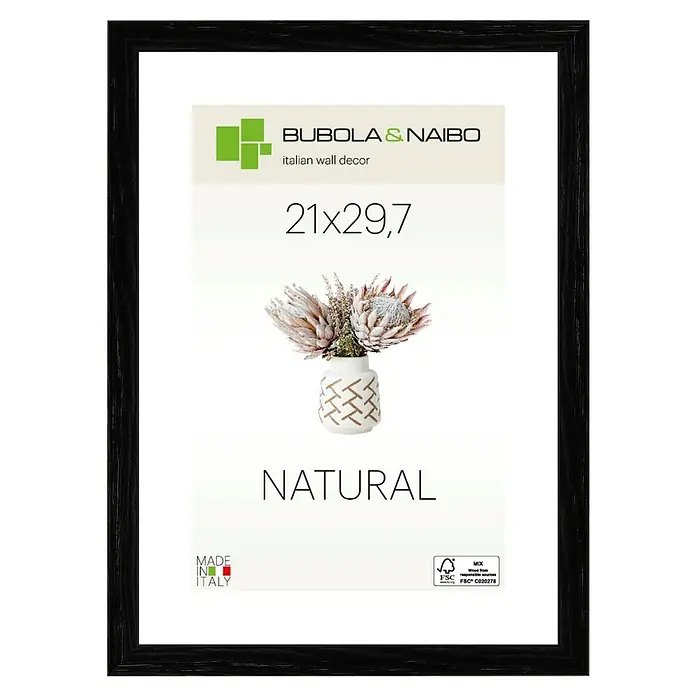 Bubola & Naibo Holzrahmen Tulipa 6340 - DIN A4 / 21 x 29,7 cm, Schwarz - Schwarzer Holzrahmen mit dem Aufdruck "Bubola & Naibo Italian Wall Decor 21x29,7 Natural" für ein stilvolles Ambiente.