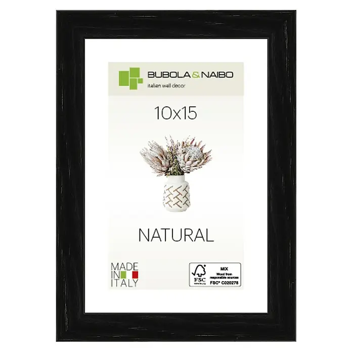 Bubola & Naibo Holzrahmen Tulipa 6340 - 10 x 15 cm, Schwarz - Schwarzer Holzrahmen mit der Aufschrift "10x15 NATURAL MADE IN ITALY", ideal für die stilvolle Präsentation von Fotos oder Kunstdrucken.