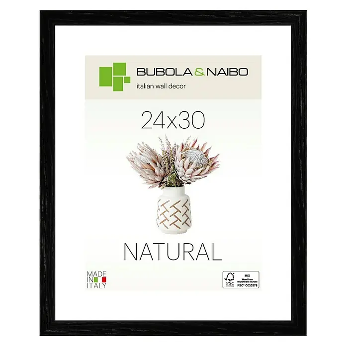 Bubola & Naibo Holzrahmen Tulipa 6340 - 24 x 30 cm, Schwarz - Ein schwarzer Fotorahmen mit dem Aufdruck „BUBOLA & NAIBO Italian Wall Decor, 24x30, Natural“ und einer Blumenabbildung.
