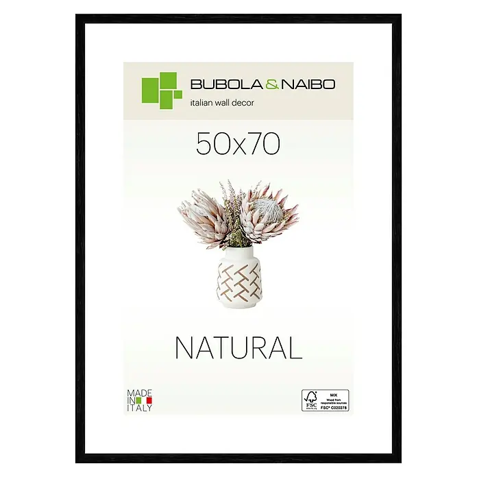 Bubola & Naibo Holzrahmen Tulipa 6340 - 50 x 70 cm, Schwarz - Schwarzer Holzrahmen "BUBOLA & NAIBO" mit Protea-Blumenmuster und "NATURAL"-Schriftzug, ideal für stilvolle Wanddekoration im Format 50x70.