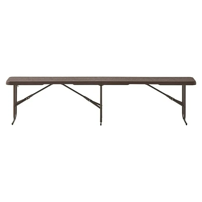 Banco de camping plegable Wood - 180 x 28 x 43 cm, HDPE/Acero, Marrón - Una mesa plegable marrón con estructura oscura para un uso flexible. Ideal para fiestas y eventos, tanto en interiores como al aire libre.