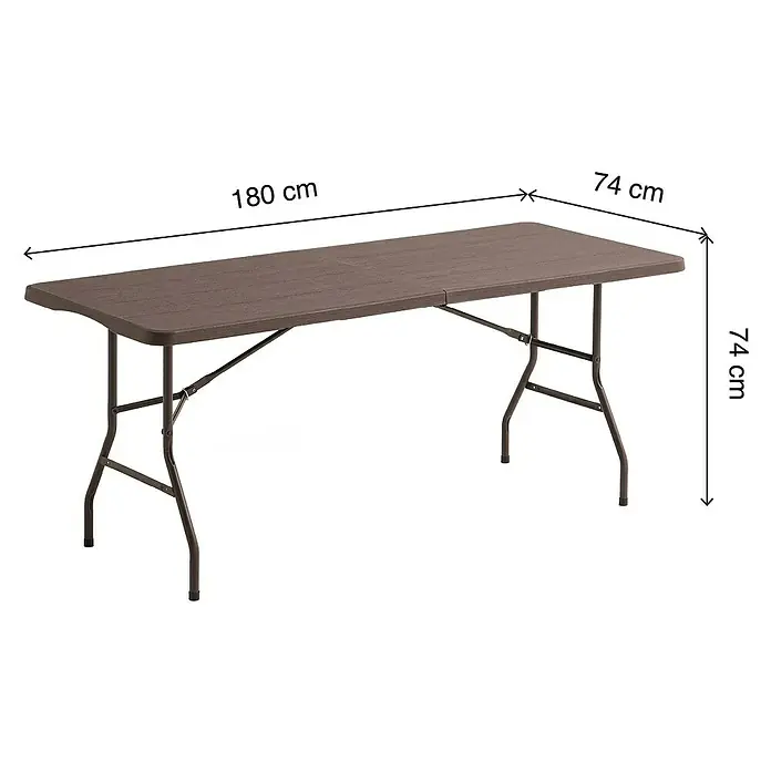 Mesa de jardín Wood - L x An x Al: 180 x 75 x 74 cm, Marrón - Imagen de una mesa plegable marrón, dimensiones: 180 cm de largo, 74 cm de ancho y 74 cm de alto.