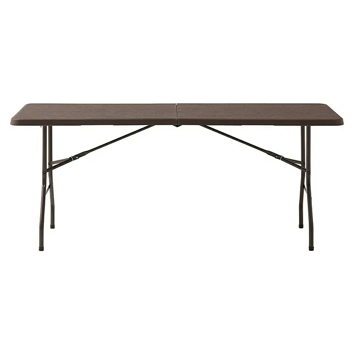 Mesa de jardín Wood - L x An x Al: 180 x 75 x 74 cm, Marrón - Mesa plegable de plástico marrón con patas metálicas para fácil almacenamiento. Ideal para eventos, fiestas o espacio de trabajo adicional.