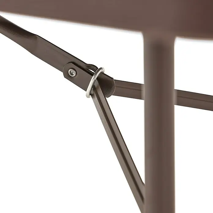 Mesa de jardín Wood - L x An x Al: 180 x 75 x 74 cm, Marrón - Primer plano de una mesa plegable marrón con estructura metálica, que muestra estabilidad y practicidad.