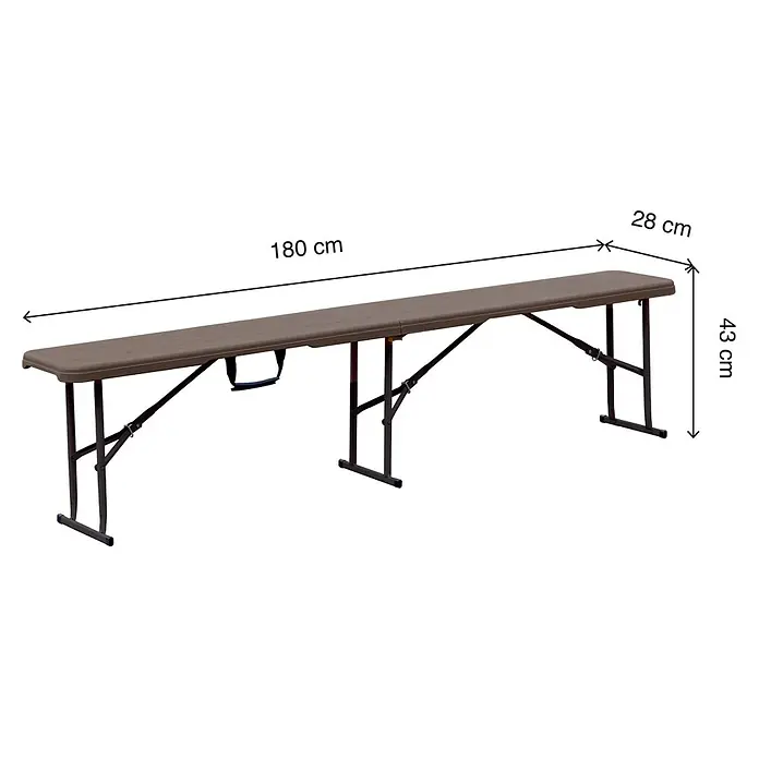 Set de muebles de jardín Wood - 3 pzs., HDPE/Acero, Marrón - Imagen de un banco plegable largo marrón, dimensiones 180 cm de largo, 28 cm de ancho y 43 cm de alto.