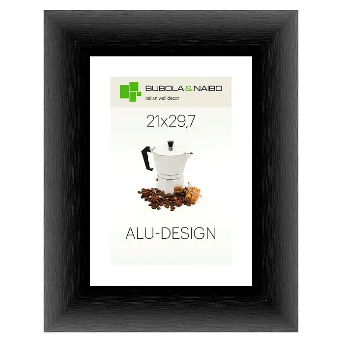 Bubola & Naibo Alurahmen Alu-Design II - Bildformat: DIN A4, Schwarz - Gerahmtes Bubola & Naibo Alu-Design-Wanddekor mit einer Mokkakanne und Kaffeebohnen, ideal für die stilvolle Küchendekoration.