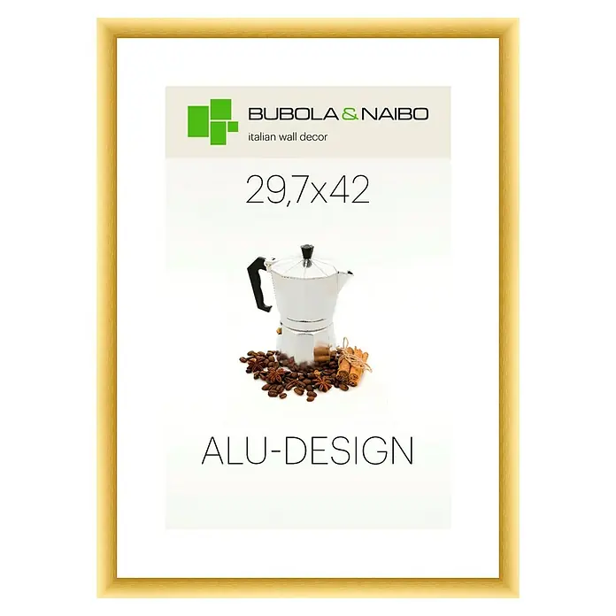 Bubola & Naibo Alurahmen Alu-Design I - Bildformat: DIN A3, Gold - Das Bild zeigt einen stilvollen Bilderrahmen, der ein modernes "Alu-Design" aufweist und eine Kaffee-Szene mit Kaffeekanne und Bohnen stilvoll umrahmt.