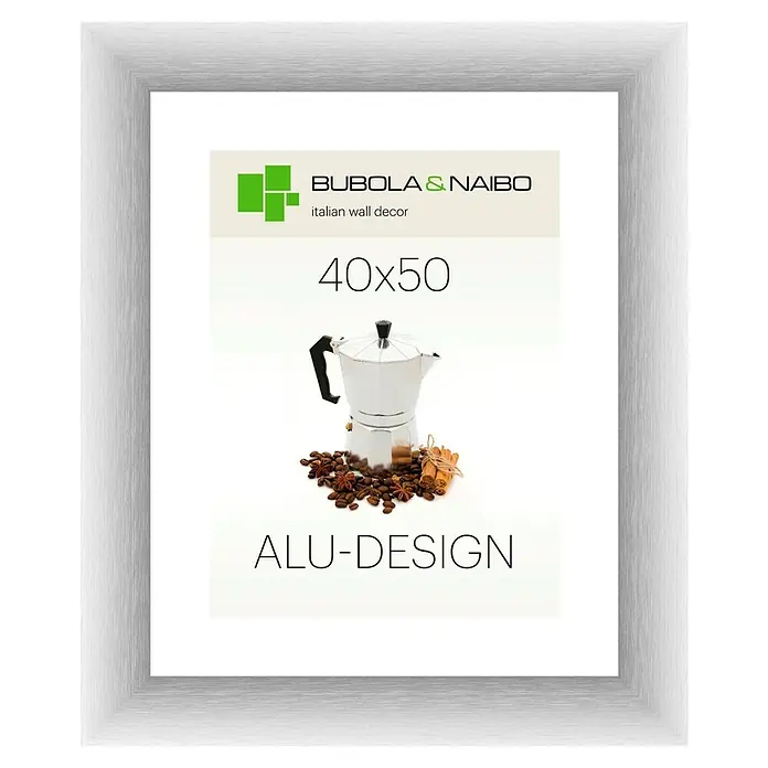 Bubola & Naibo Alurahmen Alu-Design II - Bildformat: 40 x 50 cm, Silber - Ein silberfarbener Bilderrahmen „ALU-DESIGN“ mit einem Motiv von Bubola & Naibo, italienischer Wanddeko mit Kaffeemotiv, Größe 40x50.