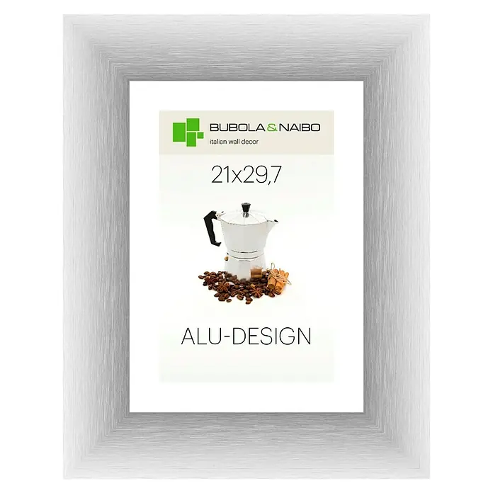 Bubola & Naibo Alurahmen Alu-Design II - Bildformat: DIN A4, Silber - Das Bild zeigt einen silberfarbenen ALU-Design Rahmen mit einem Produktbild von Bubola & Naibo, italienische Wanddeko, Größe 21x29,7 cm.