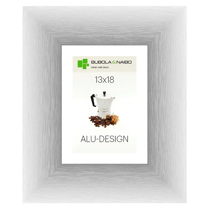 Bubola & Naibo Alurahmen Alu-Design II - Bildformat: 13 x 18 cm, Silber - Ein silberner Bilderrahmen der Marke Bubola & Naibo mit dem Aufdruck "13x18" und "ALU-DESIGN" mit Kaffeemotiv.