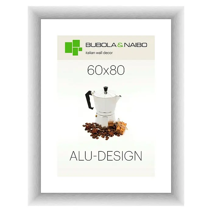 Bubola & Naibo Alurahmen Alu-Design II - Bildformat: 60 x 80 cm, Silber - Ein gerahmtes Bubola & Naibo Wanddekor mit Aluminiumdesign und Kaffeemotiv in der Größe 60x80.