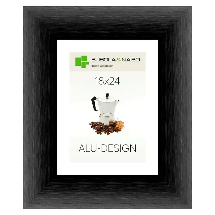 Bubola & Naibo Alurahmen Alu-Design II - Bildformat: 18 x 24 cm, Schwarz - Schwarzer Bilderrahmen mit dem Aufdruck "Bubola & Naibo Italian Wall Decor 18x24 ALU-DESIGN" und einem Mokka-Kocher mit Kaffeebohnen.