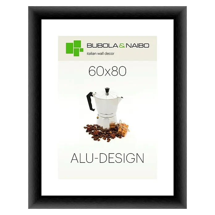 Bubola & Naibo Alurahmen Alu-Design II - Bildformat: 60 x 80 cm, Schwarz - Gerahmtes Wandbild "Alu-Design" mit Kaffeekanne, Bohnen und Zimtstangen, ideal für die Küche oder das Café.