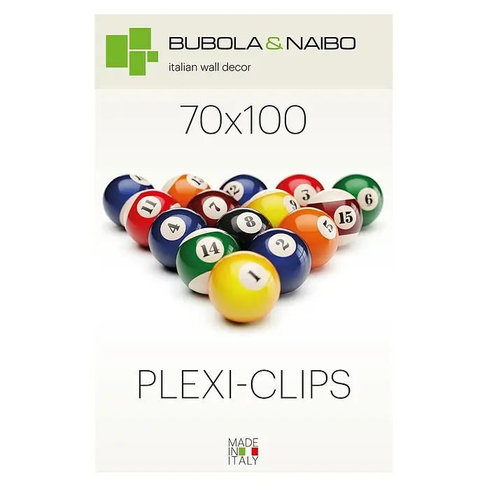 Bubola & Naibo Rahmenloser Bilderrahmen - 70 x 100 cm, Acrylglas - Produktbild des BUBOLA & NAIBO Wanddekors "70x100 Plexi-Clips" mit Billardkugeln, hergestellt in Italien.
