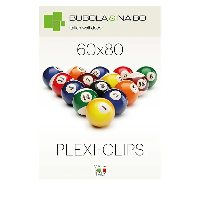 Bubola & Naibo Rahmenloser Bilderrahmen - 60 x 80 cm, Acrylglas - Wanddekor "60x80 Plexi-Clips" von Bubola & Naibo, italienisches Design. Billardkugeln-Motiv für stilvolle Akzente in jedem Raum, Made in Italy.