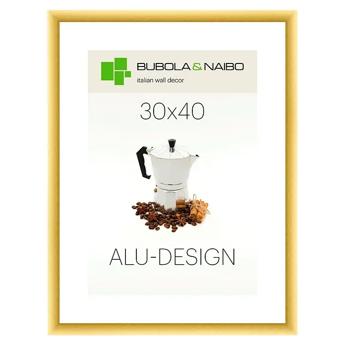 Bubola & Naibo Alurahmen Alu-Design I - Bildformat: 30 x 40 cm, Gold - Ein gerahmtes Bild von Bubola & Naibo mit einem eleganten Mokkakocher, Kaffeebohnen und Zimtstangen, ideal für die Wanddekoration.
