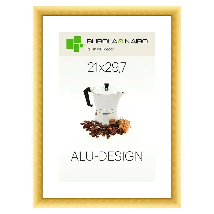 Bubola & Naibo Alurahmen Alu-Design I - Bildformat: DIN A4, Gold - Ein gerahmtes Poster mit italienischem Dekor, das eine silberne Espressokanne, Kaffeebohnen und Zimtstangen zeigt.