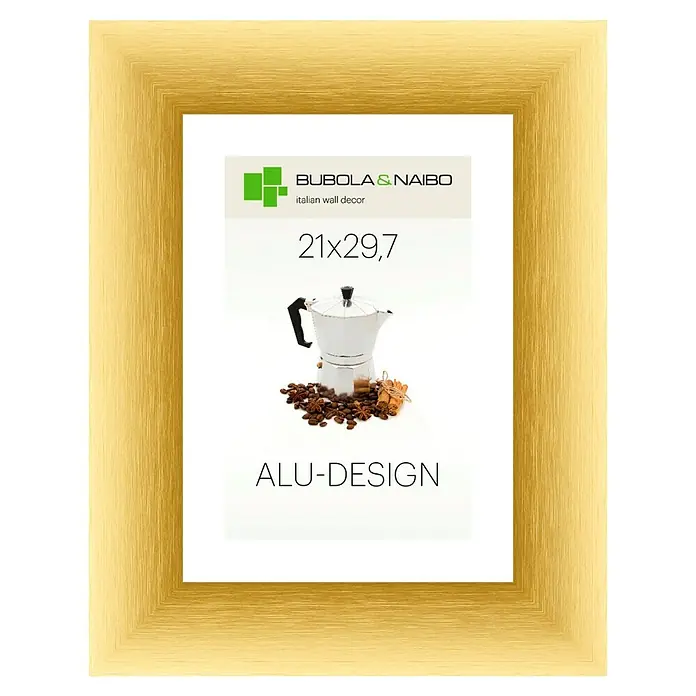 Bubola & Naibo Alurahmen Alu-Design II - Bildformat: DIN A4, Gold - Goldener Aluminiumrahmen für ein 21x29,7 cm großes Bild mit Kaffee-Motiv. Ideal für moderne Wanddekoration und stilvolle Präsentation von Bildern.
