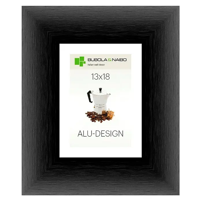 Bubola & Naibo Alurahmen Alu-Design II - Bildformat: 13 x 18 cm, Schwarz - Schwarzer Bilderrahmen mit einem Bild von einer italienischen Kaffeemaschine, Kaffeebohnen und Zimtstangen.